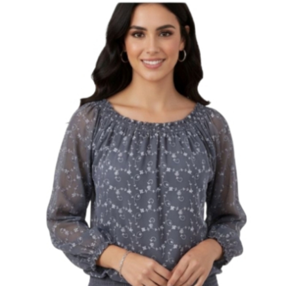 INC Floral Embroidered Eyelet Ruched Top Half Sleeves Size Medium